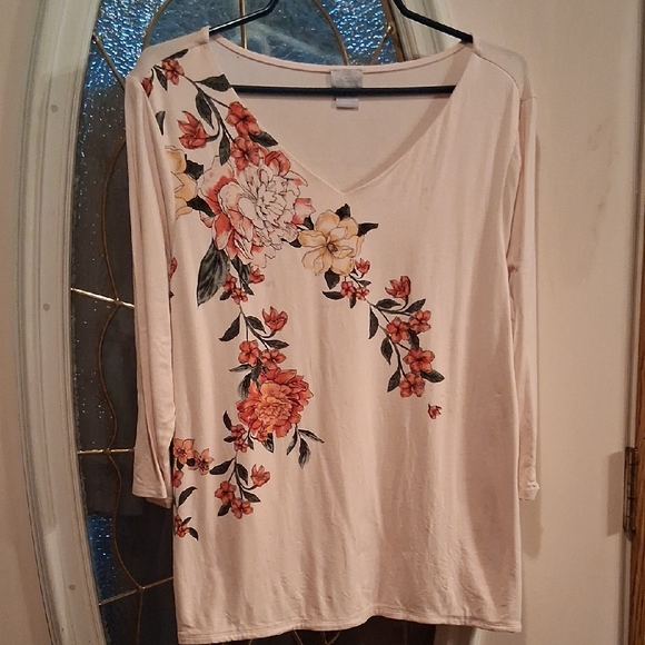 Chico's Tops - Chico's Floral V-Neck Long Sleeve Top - Cream and Orange